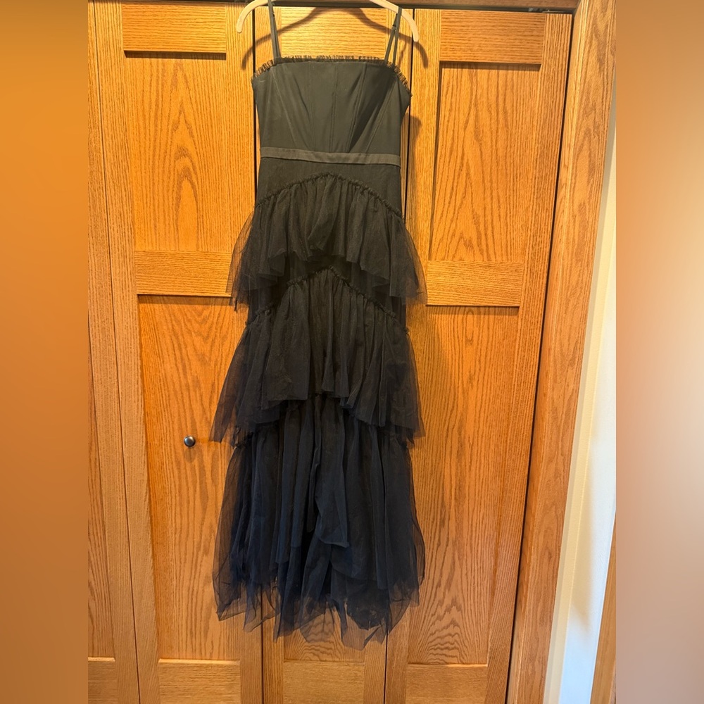 Betsy & Adam Black Tiered Evening Gown